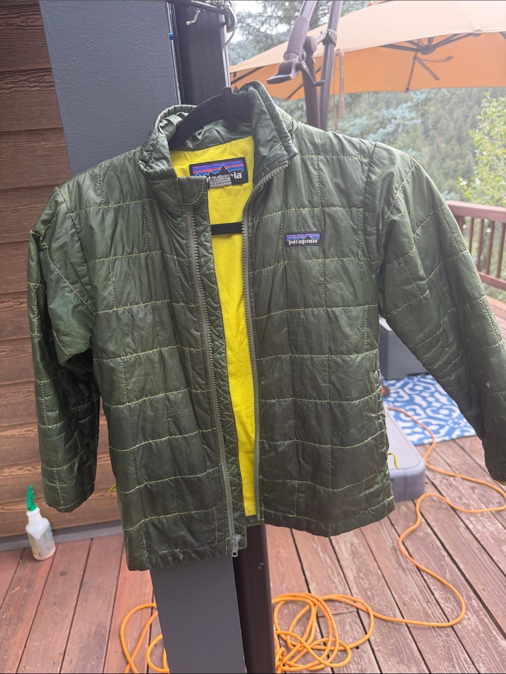 Patagonia Kids Olive Green Jacket with Yellow Lining